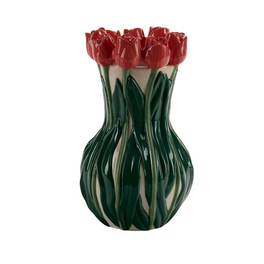 Bahne Interior - Vase med tulipaner, grÃ¸n/rÃ¸d/hvid - H24 cm